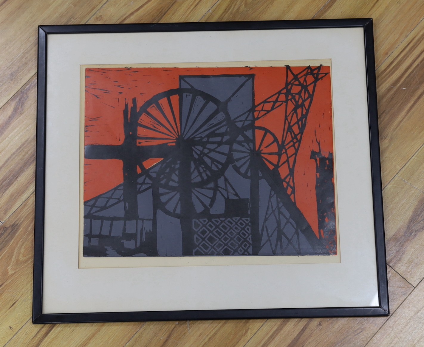 Modern British, linocut, Colliery scene, signature and numbering faded, 37 x 38.5 cm.